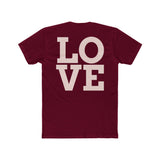 Burgundy crew neck T-shirt with large "LOVE" print on back