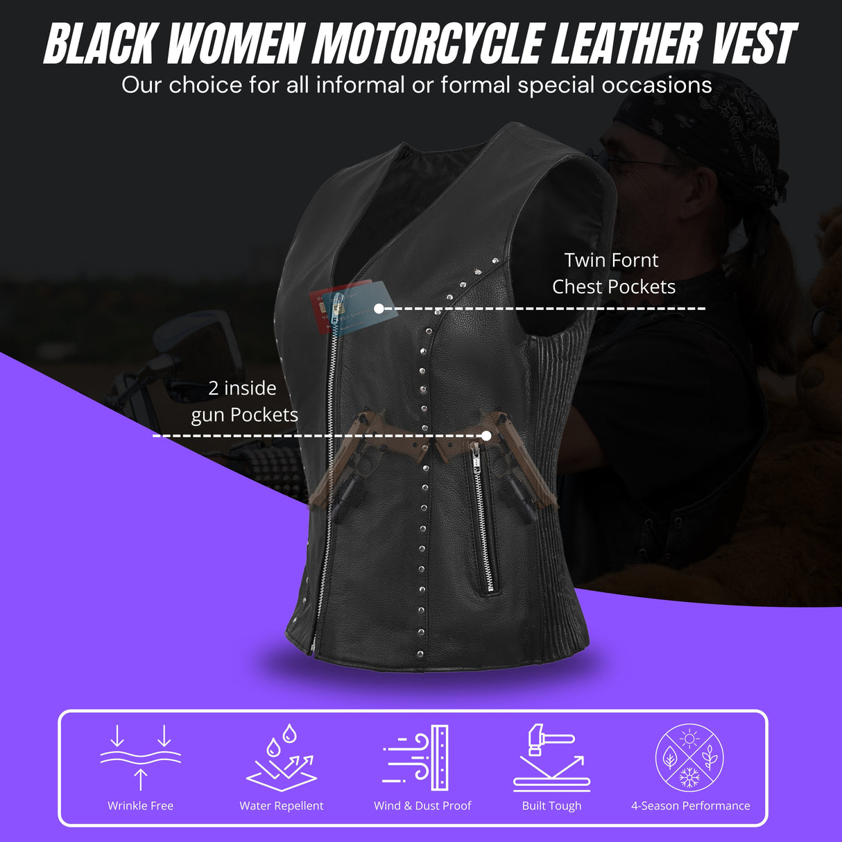 WCWV75841Stud Black Women's Side stretch leather motorcycle vest