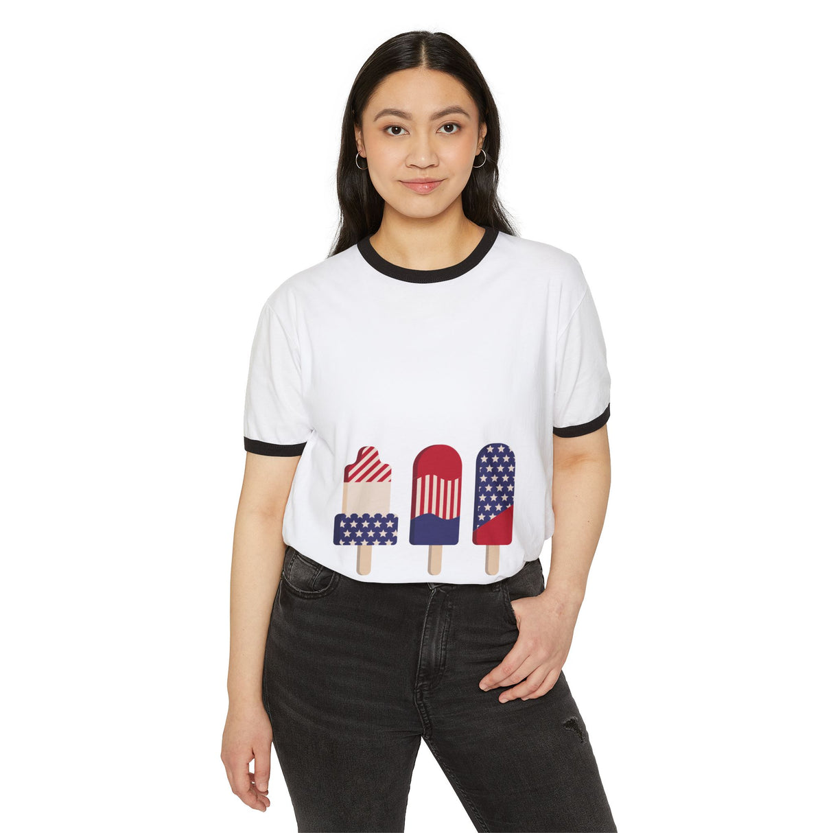 White ringer T-shirt on model with black neckline and popsicle 'America' graphic