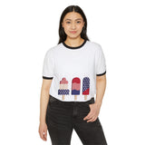 White ringer T-shirt on model with black neckline and popsicle 'America' graphic