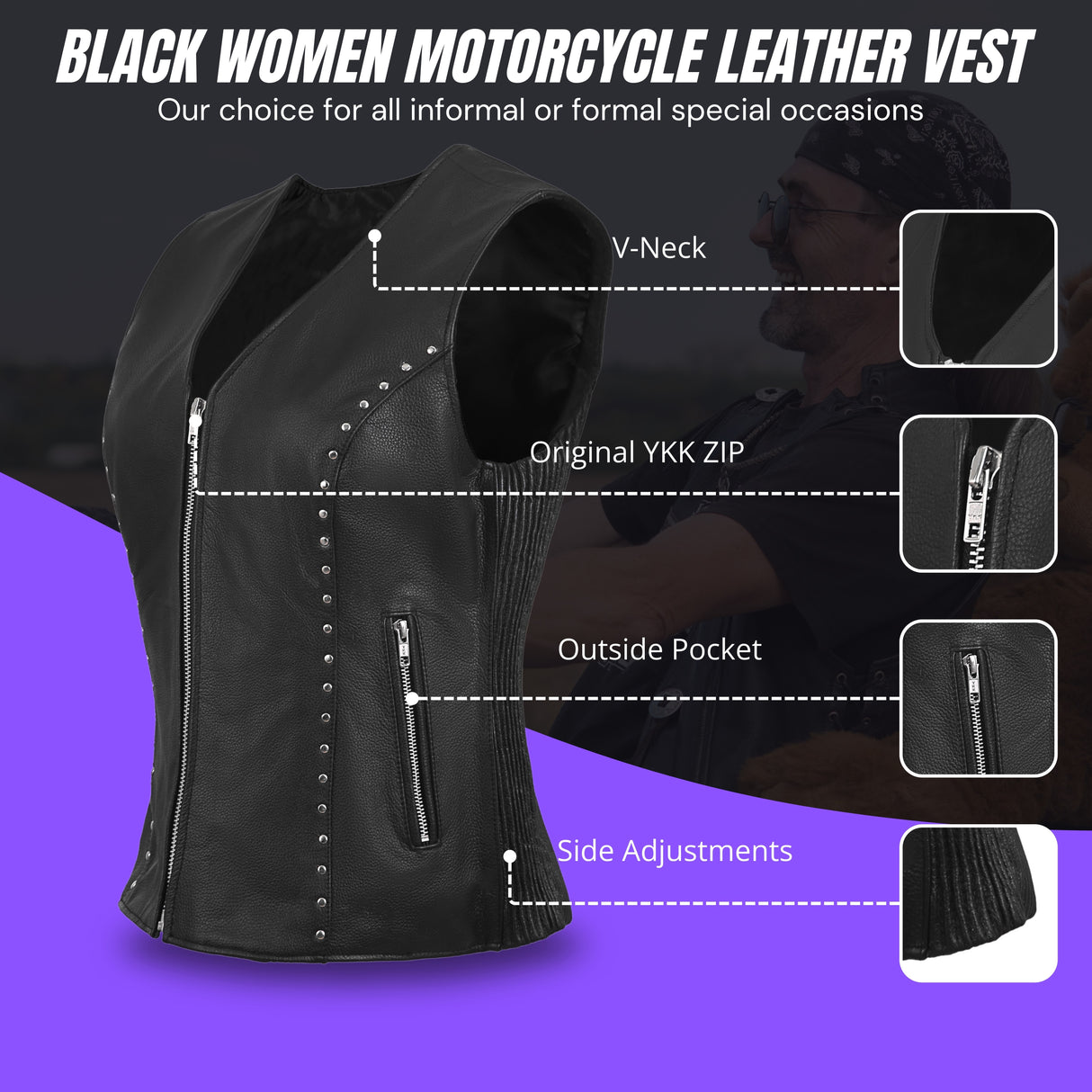 WCWV75841Stud Black Women's Side stretch leather motorcycle vest