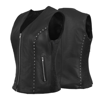 WCWV75841Stud Black Women's Side stretch leather motorcycle vest