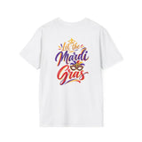 White Mardi Gras T-shirt with “Let the Mardi Gras” text logo graphic on back.