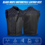 Men's Cross Stitch Club Style Cow Natural Leather Vest - Black/Blue