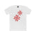 White crew-neck tee with two pink/red floral burst graphics on the front.