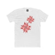 White crew-neck tee with two pink/red floral burst graphics on the front.