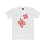 White crew-neck tee with two pink/red floral burst graphics on the front.