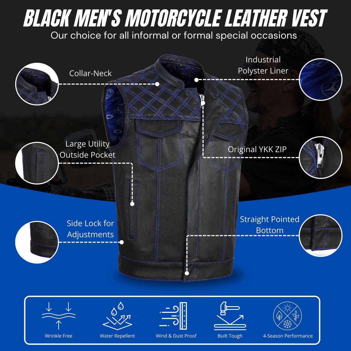 Men's Cross Stitch Club Style Cow Natural Leather Vest - Black/Blue