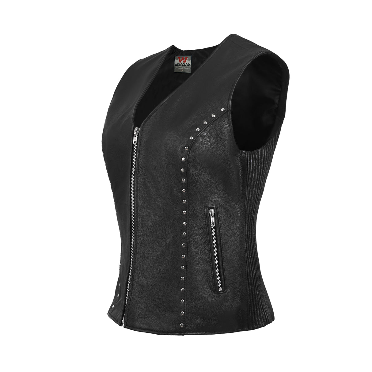 WCWV75841Stud Black Women's Side stretch leather motorcycle vest