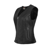 WCWV75841Stud Black Women's Side stretch leather motorcycle vest