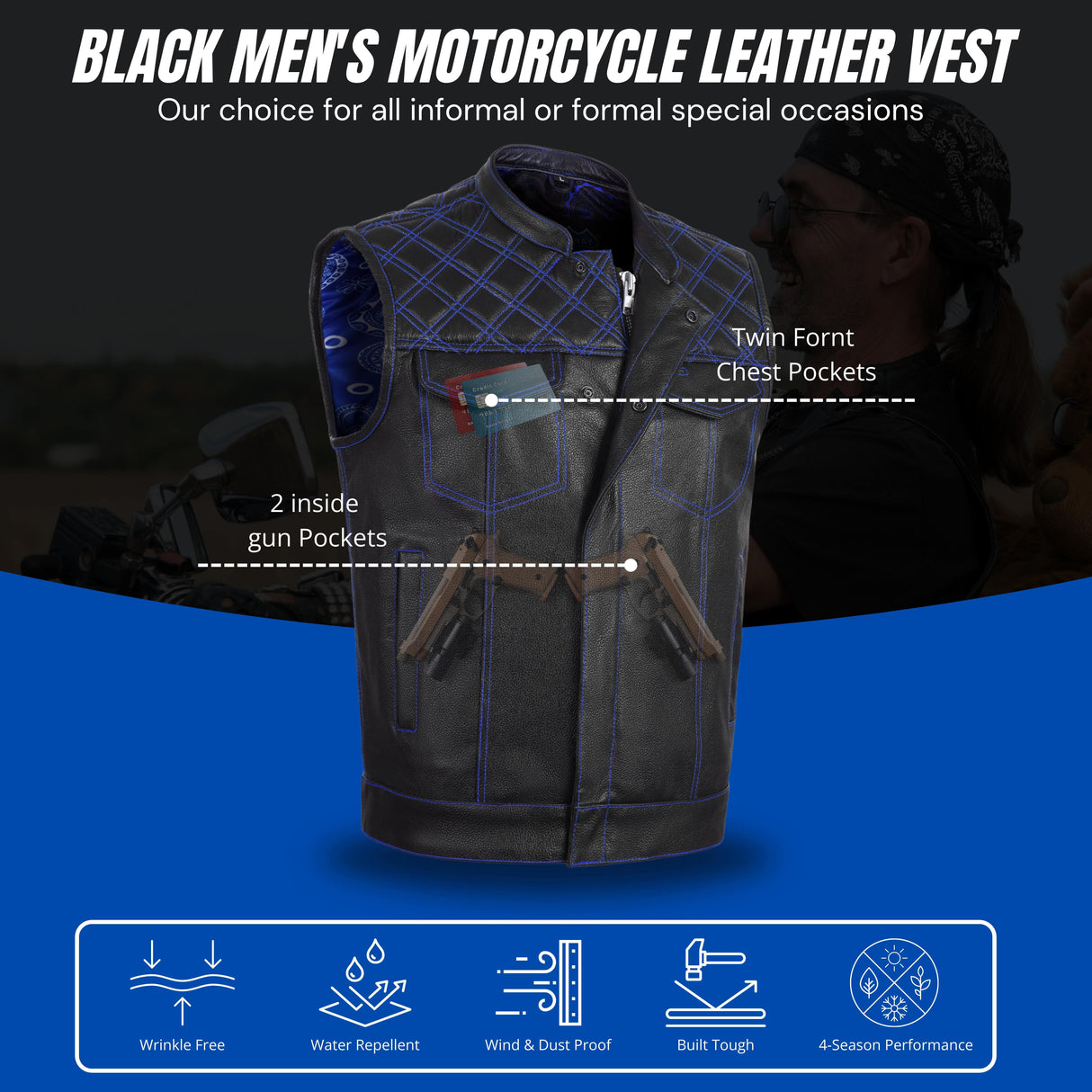 Men's Cross Stitch Club Style Cow Natural Leather Vest - Black/Blue