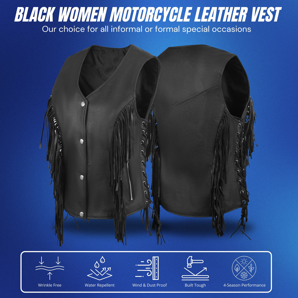 WCWV85841FRINGE WOMEN SIDE LACE VEST M/O BUFFALO LEATHER BLACK