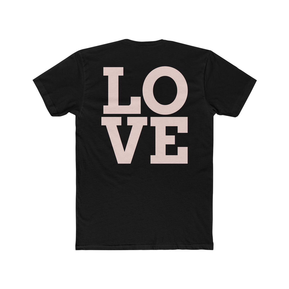 Black crew tee with “LOVE” block graphic centered on the front