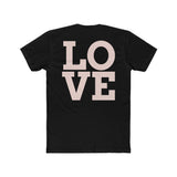 Black crew tee with “LOVE” block graphic centered on the front