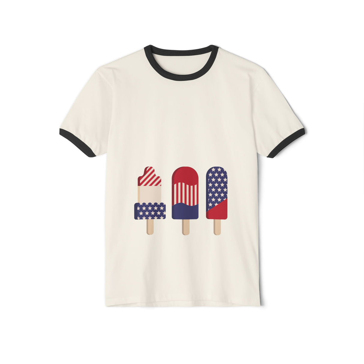Cream ringer T-shirt with navy trim and patriotic popsicle graphic centered on the front