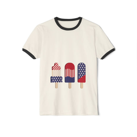 Cream ringer T-shirt with navy trim and patriotic popsicle graphic centered on the front