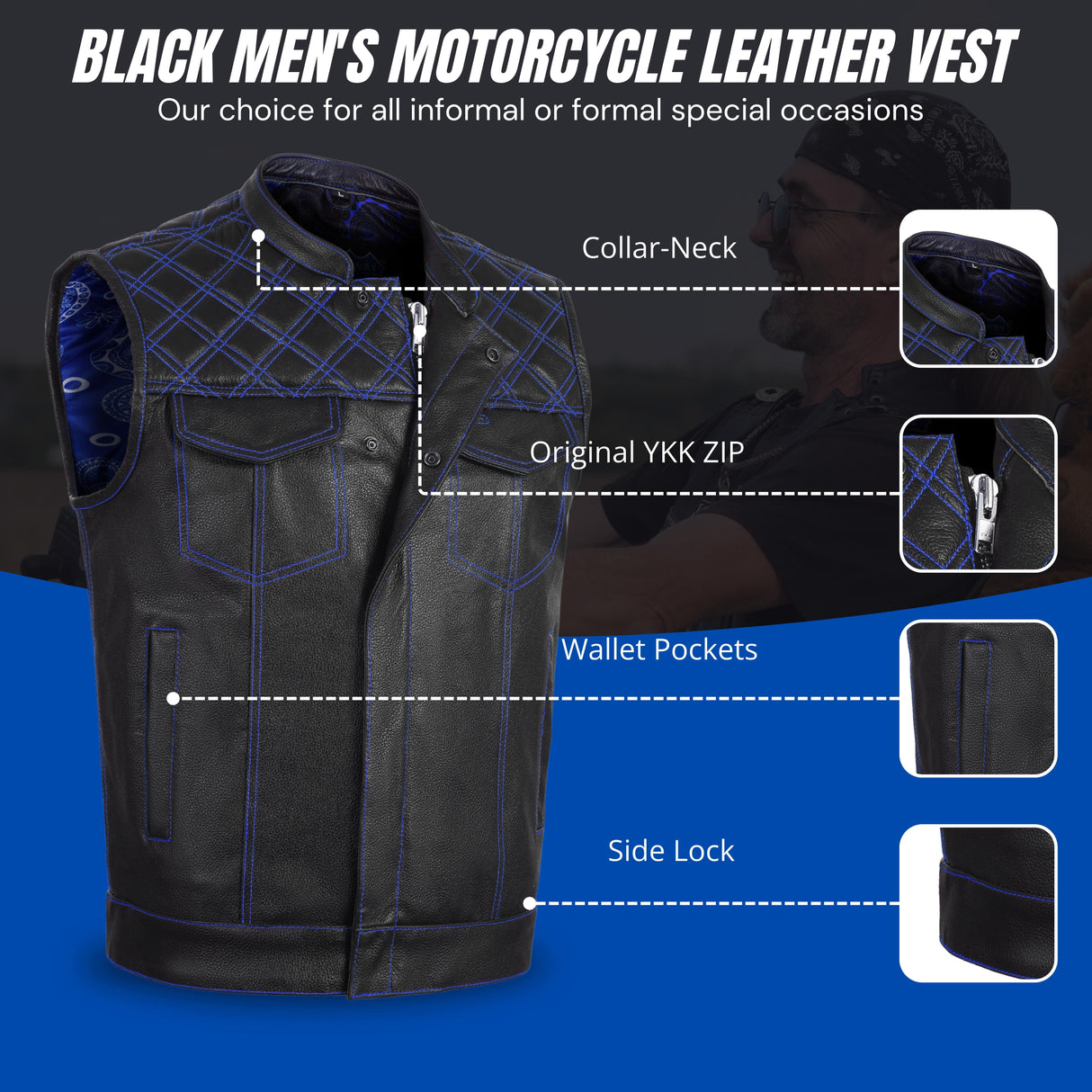 Men's Cross Stitch Club Style Cow Natural Leather Vest - Black/Blue
