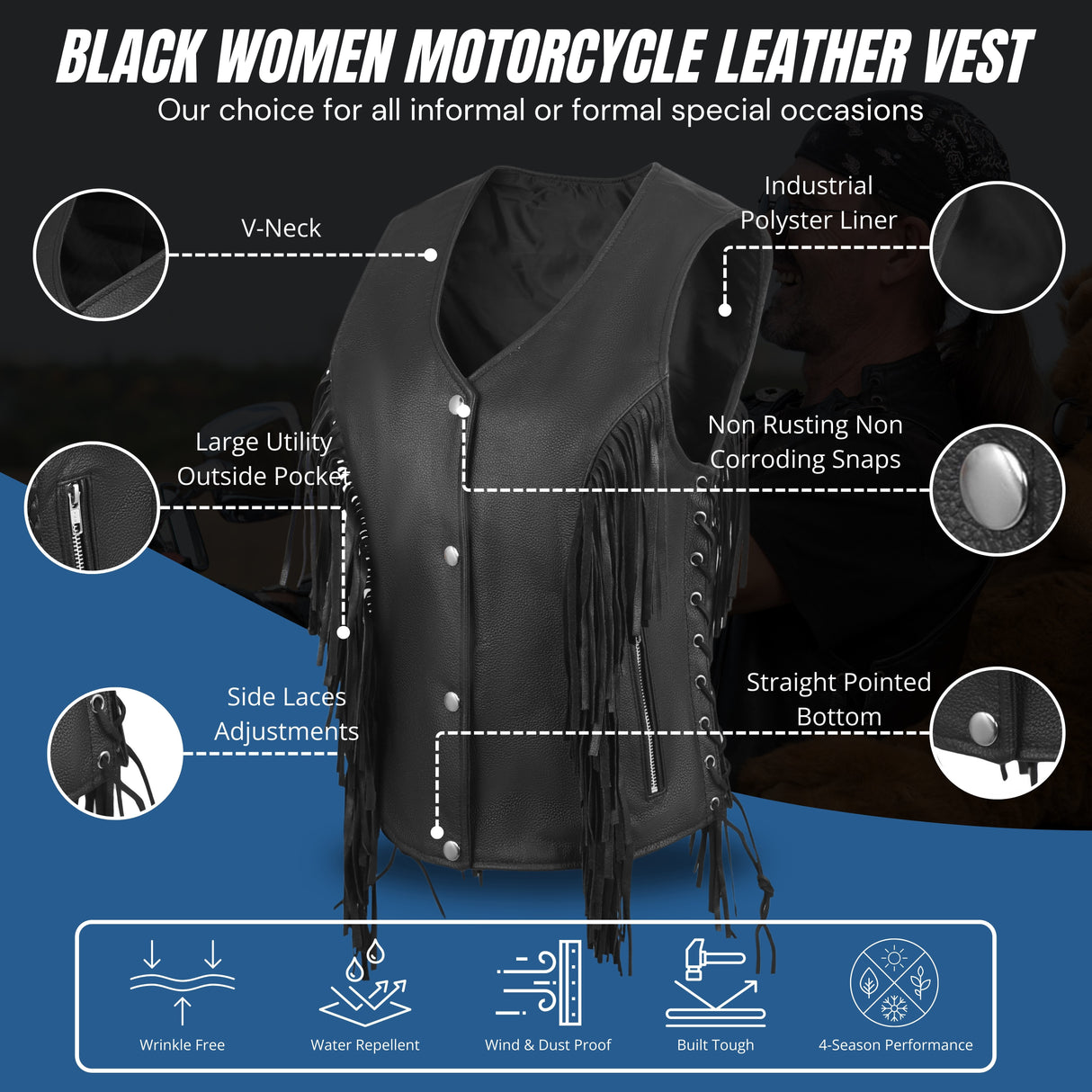 WCWV85841FRINGE WOMEN SIDE LACE VEST M/O BUFFALO LEATHER BLACK