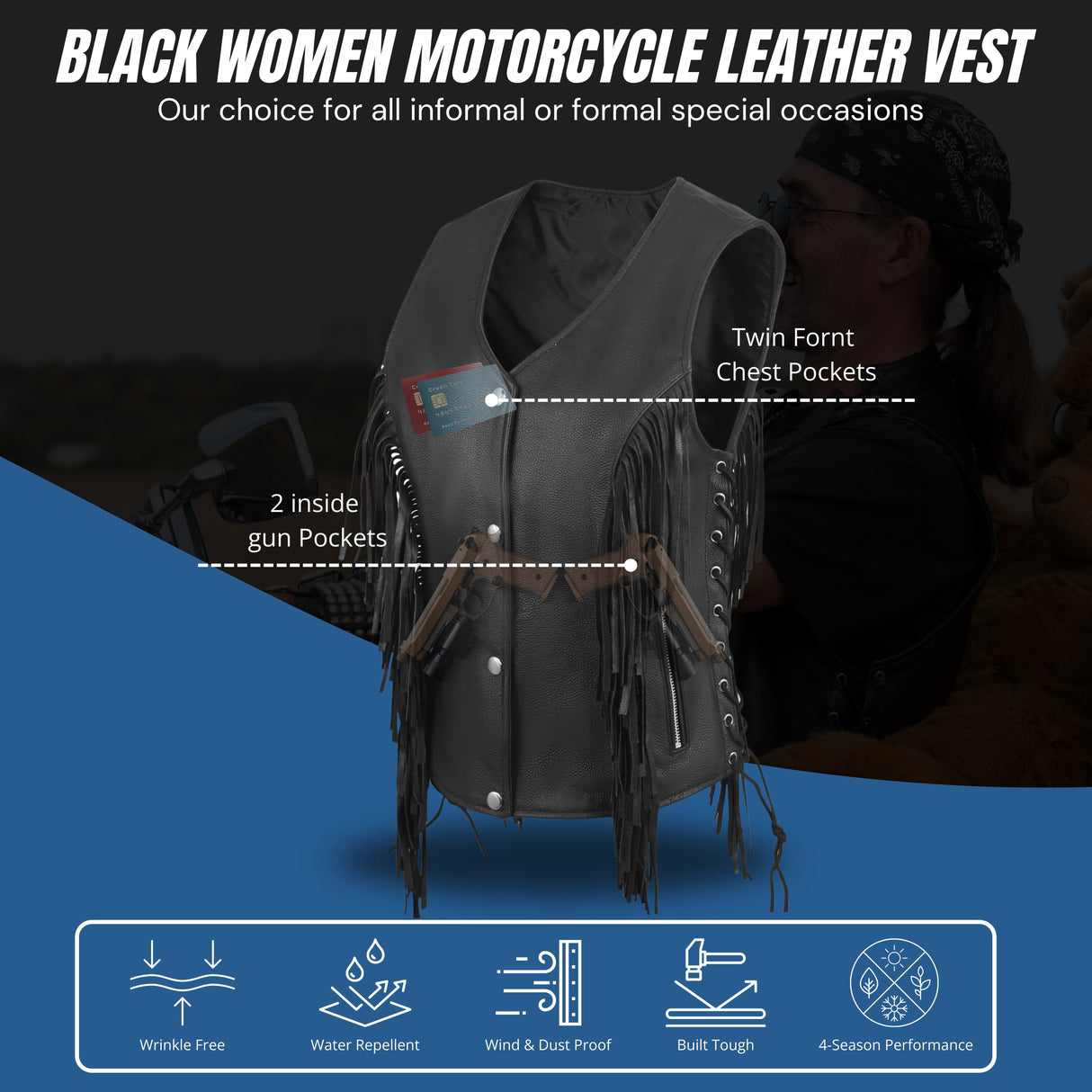WCWV85841FRINGE WOMEN SIDE LACE VEST M/O BUFFALO LEATHER BLACK