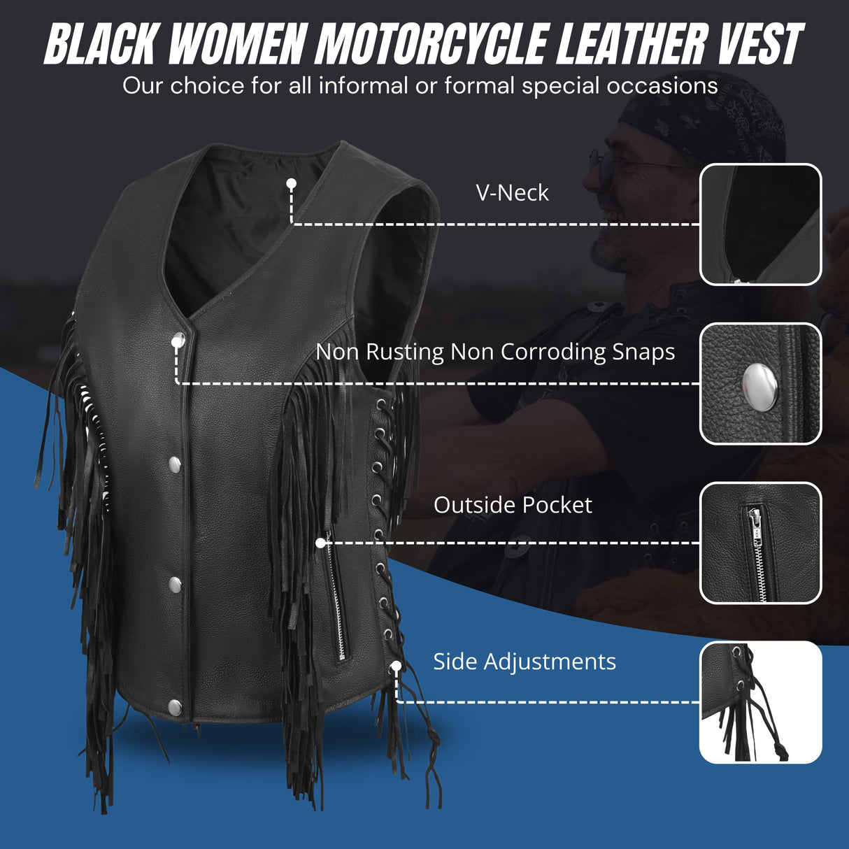 WCWV85841FRINGE WOMEN SIDE LACE VEST M/O BUFFALO LEATHER BLACK