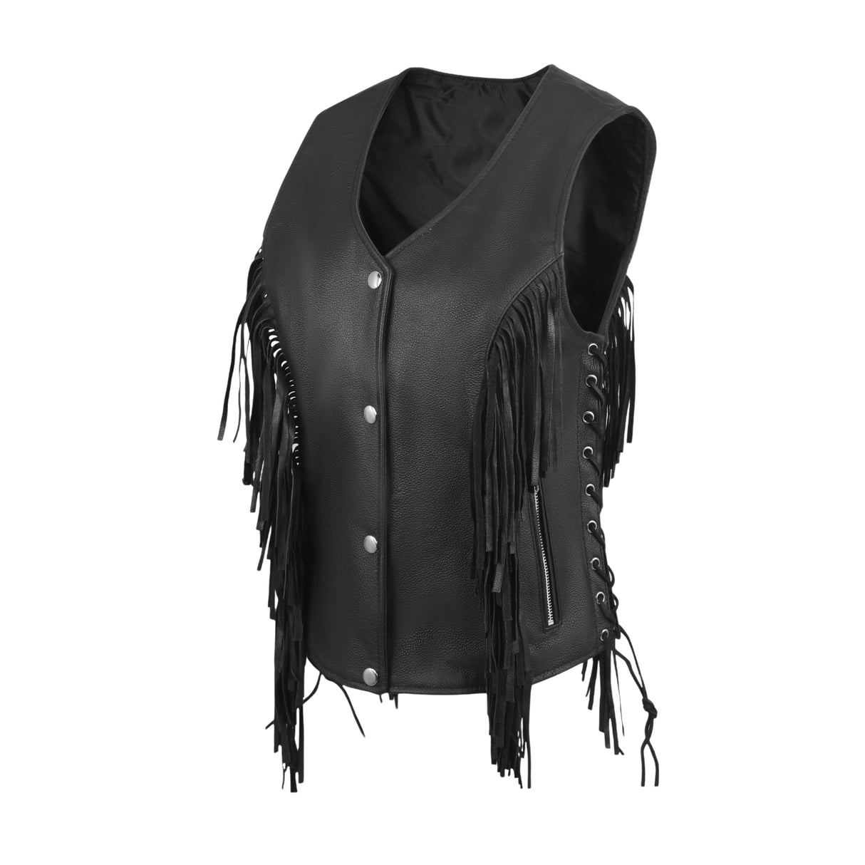 WCWV85841FRINGE WOMEN SIDE LACE VEST M/O BUFFALO LEATHER BLACK