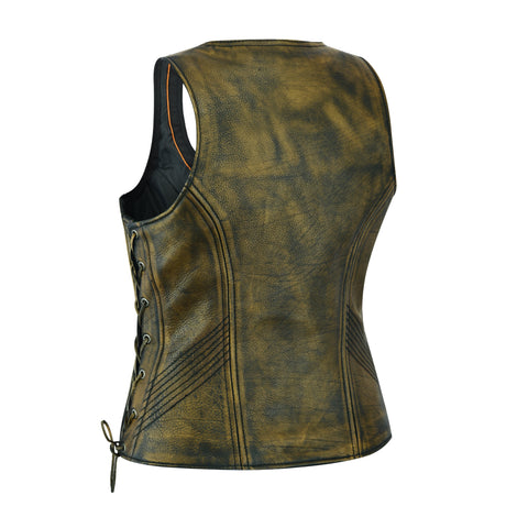 Women's Distressed Brown ‘Open Neck’ Side Laces Motorcycle Leather Vest