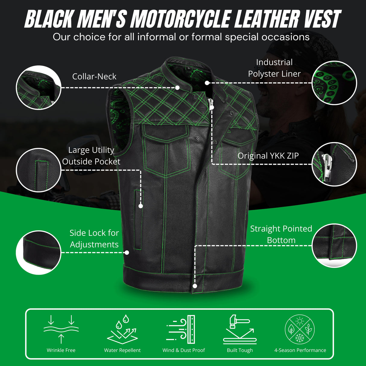 Men's Leather Green Cross Stitch Club Style Cow Natural Leather Vest