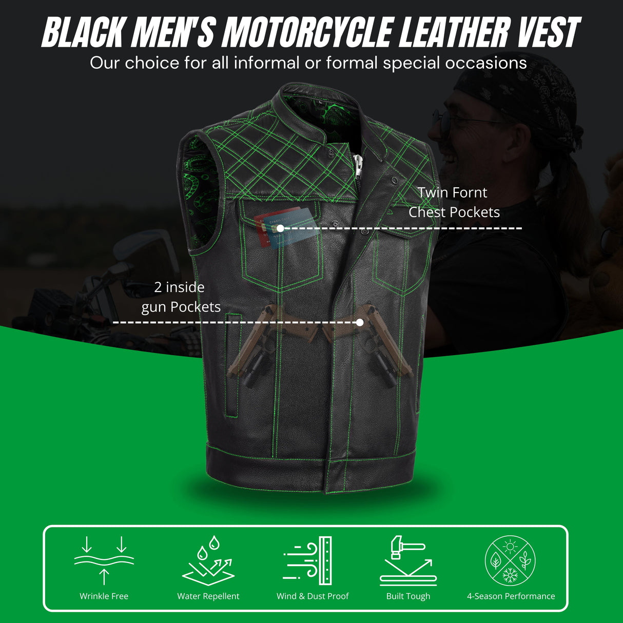 Men's Leather Green Cross Stitch Club Style Cow Natural Leather Vest