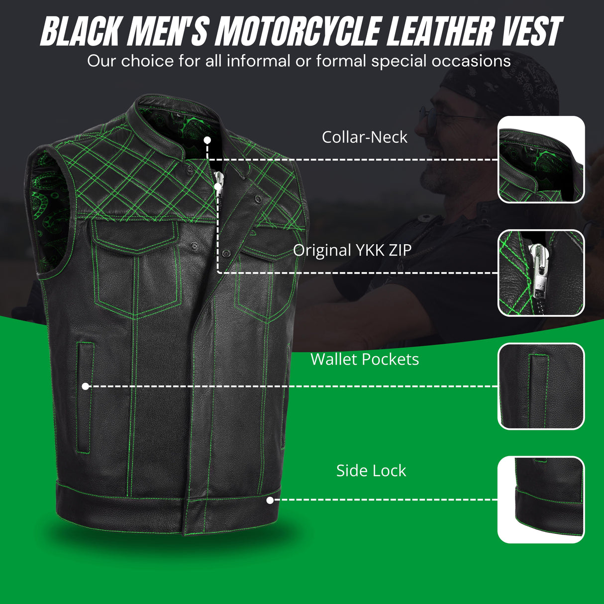Men's Leather Green Cross Stitch Club Style Cow Natural Leather Vest