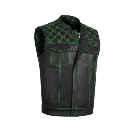 Men's Green Black Cross Stitch Club Style Leather Vest.