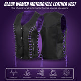 WOMEN SIDE LACE VEST M/O BUFFALO BLACK LEATHER WITH PURPLE THREAD AND EYELET