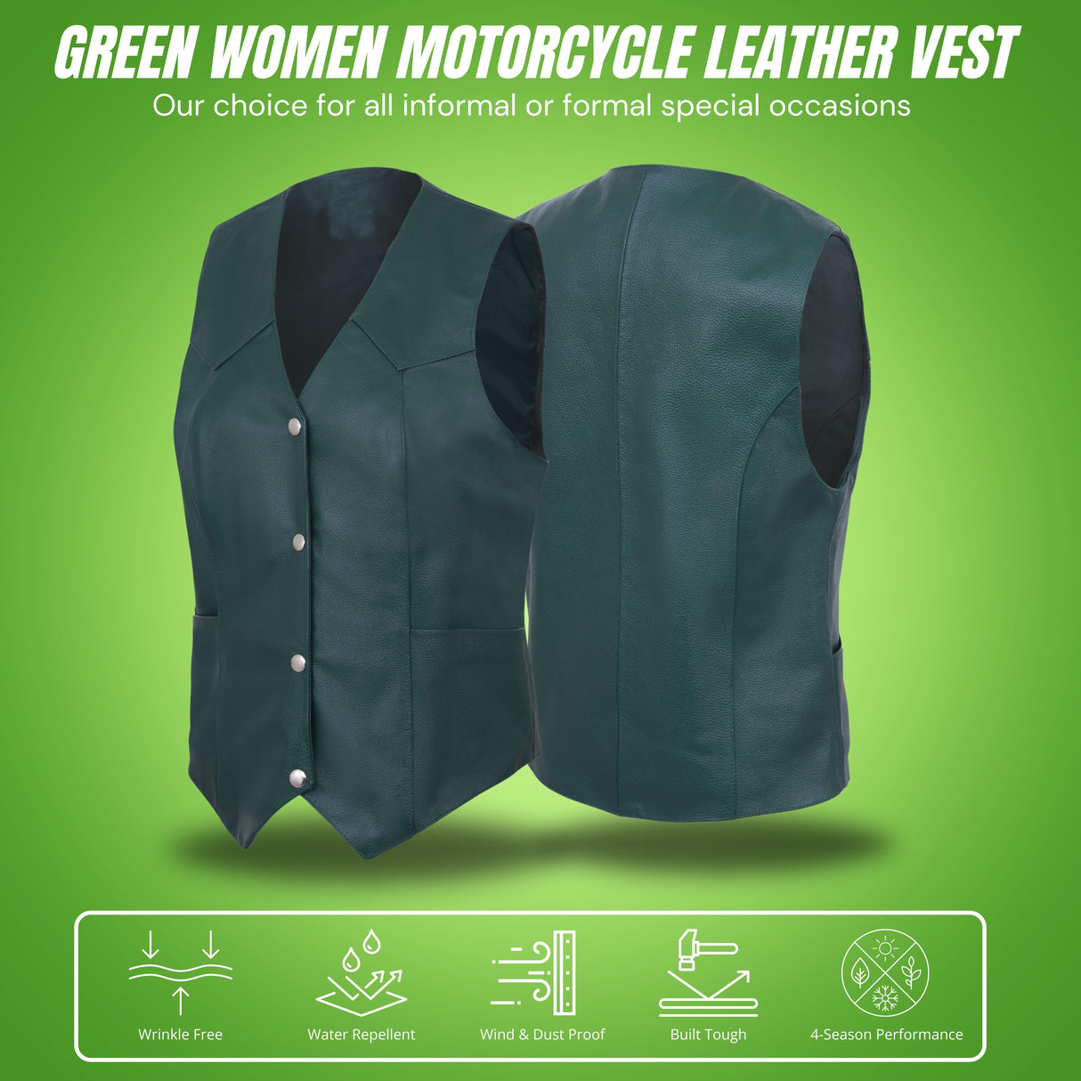 Ladies Women soft green leather biker motorcycle vest concealed carry style