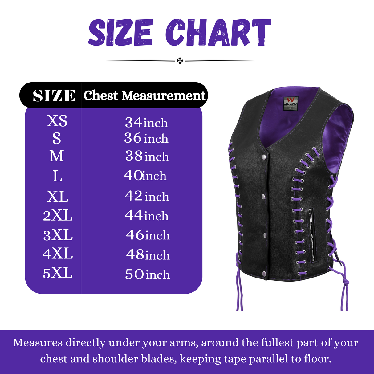 WOMEN SIDE LACE VEST M/O BUFFALO BLACK LEATHER WITH PURPLE THREAD AND EYELET
