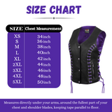 WOMEN SIDE LACE VEST M/O BUFFALO BLACK LEATHER WITH PURPLE THREAD AND EYELET