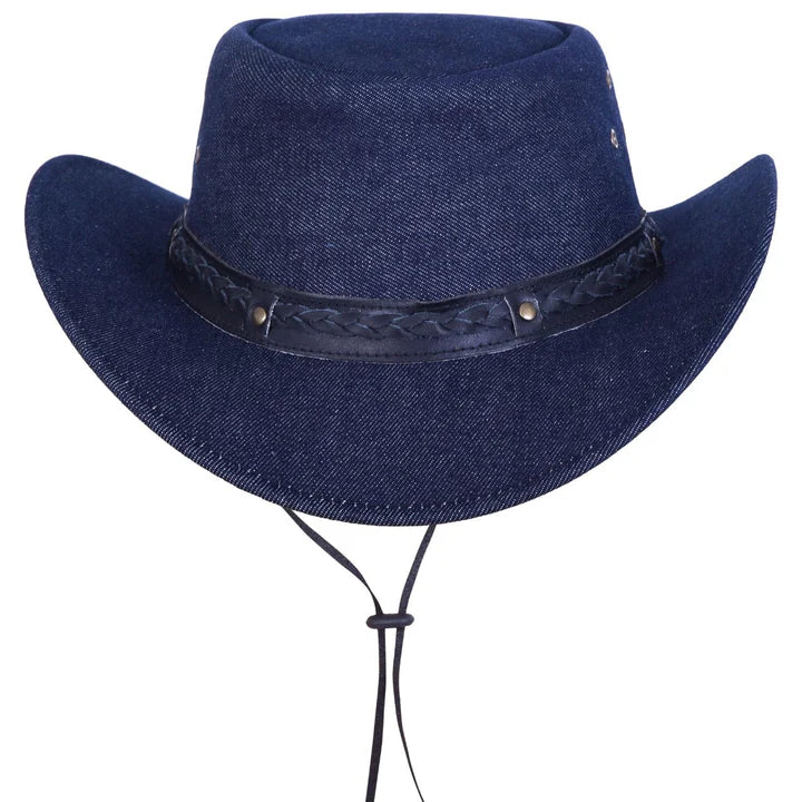 Denim Western Cowboy Hat with Braided Leather Band & Secure Adjustable Chin Strap