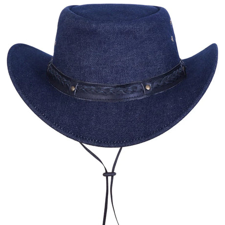 Denim Western Cowboy Hat with Braided Leather Band & Secure Adjustable Chin Strap