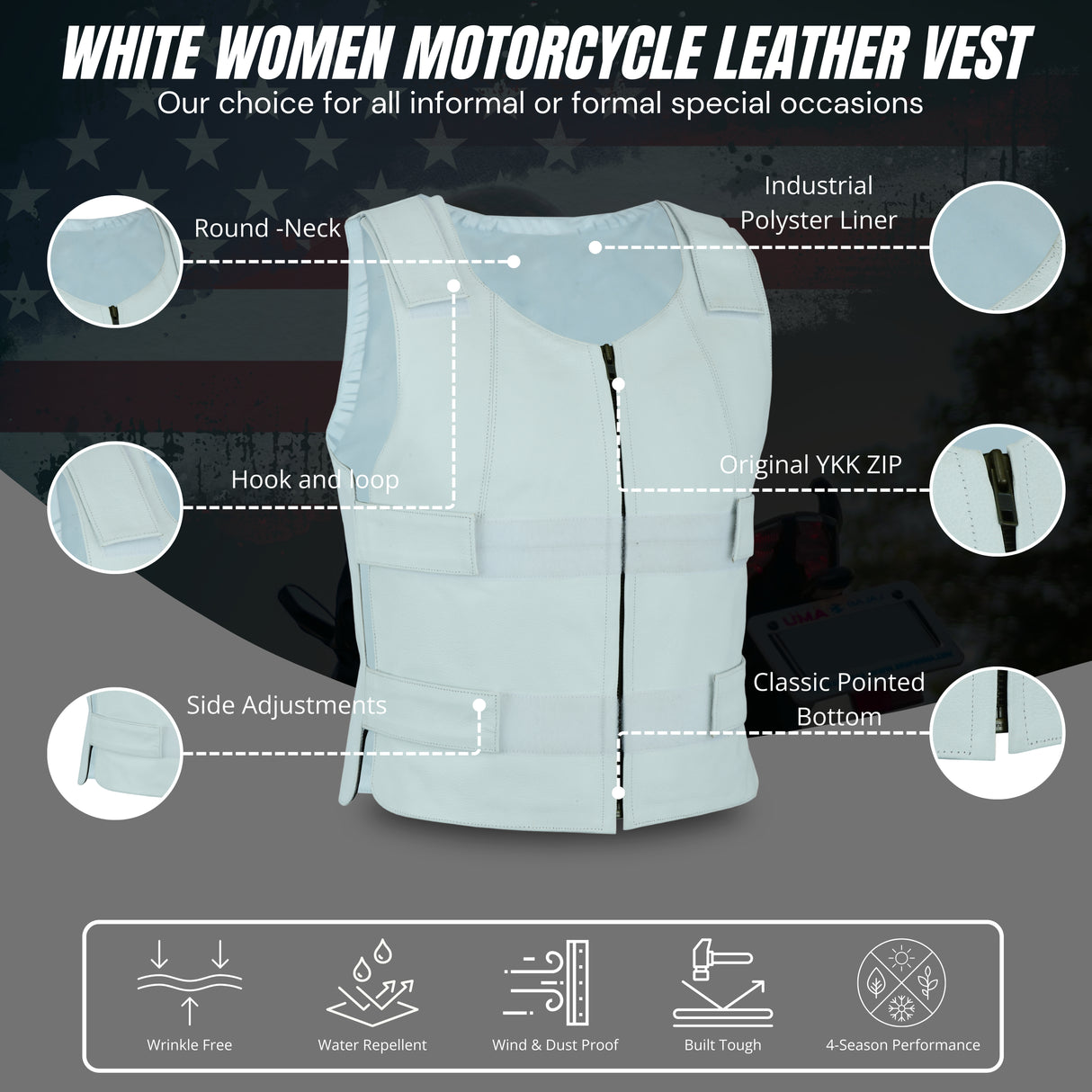 Women White Bullet proof style leather Vest for Biker club