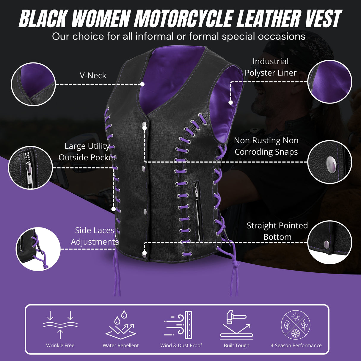 WOMEN SIDE LACE VEST M/O BUFFALO BLACK LEATHER WITH PURPLE THREAD AND EYELET
