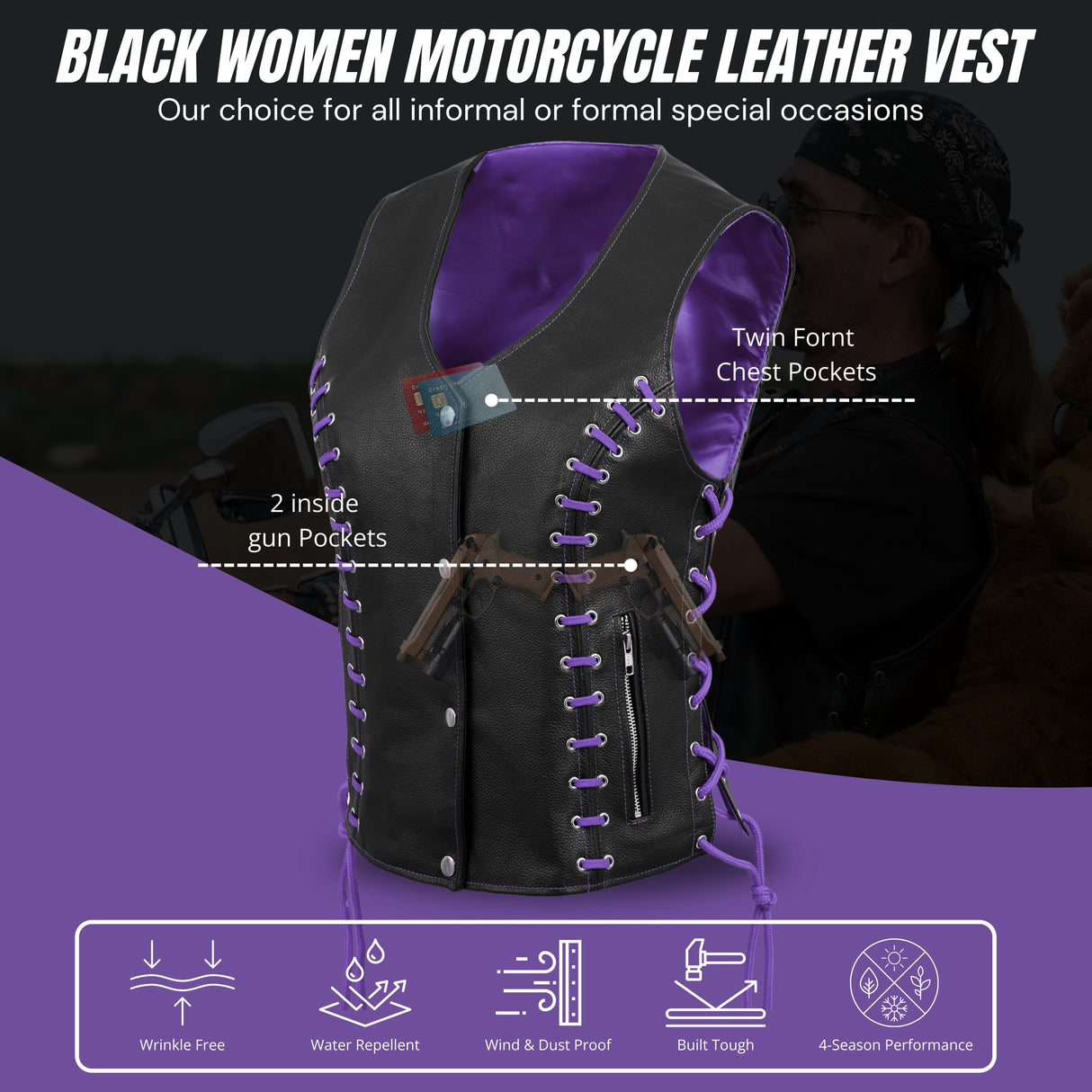 WOMEN SIDE LACE VEST M/O BUFFALO BLACK LEATHER WITH PURPLE THREAD AND EYELET