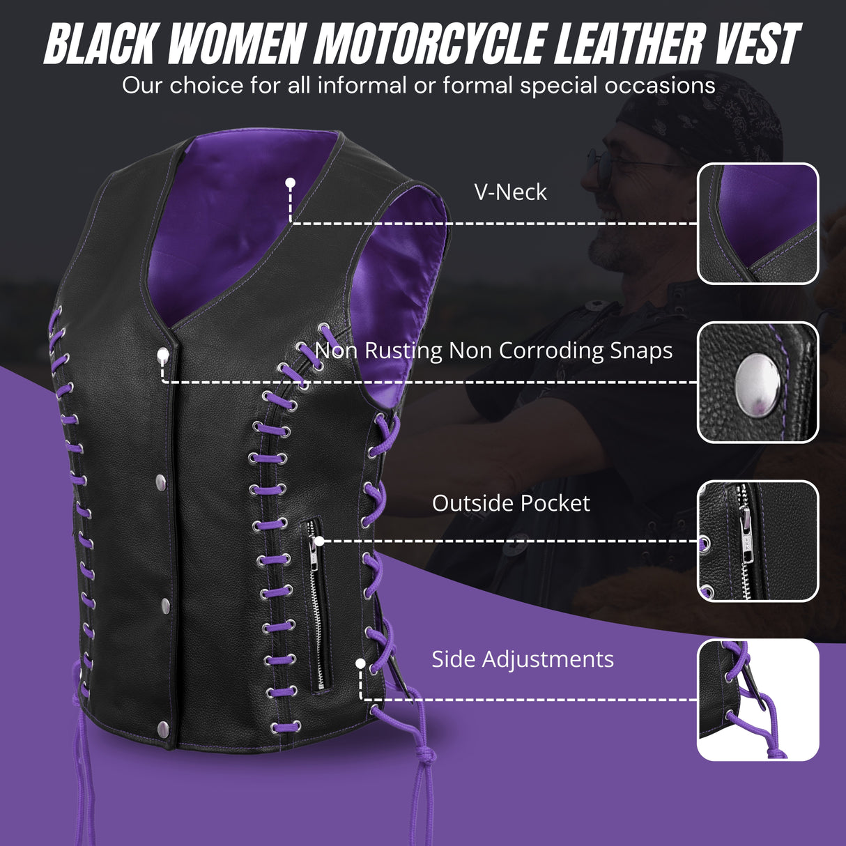 WOMEN SIDE LACE VEST M/O BUFFALO BLACK LEATHER WITH PURPLE THREAD AND EYELET