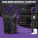 WOMEN SIDE LACE VEST M/O BUFFALO BLACK LEATHER WITH PURPLE THREAD AND EYELET