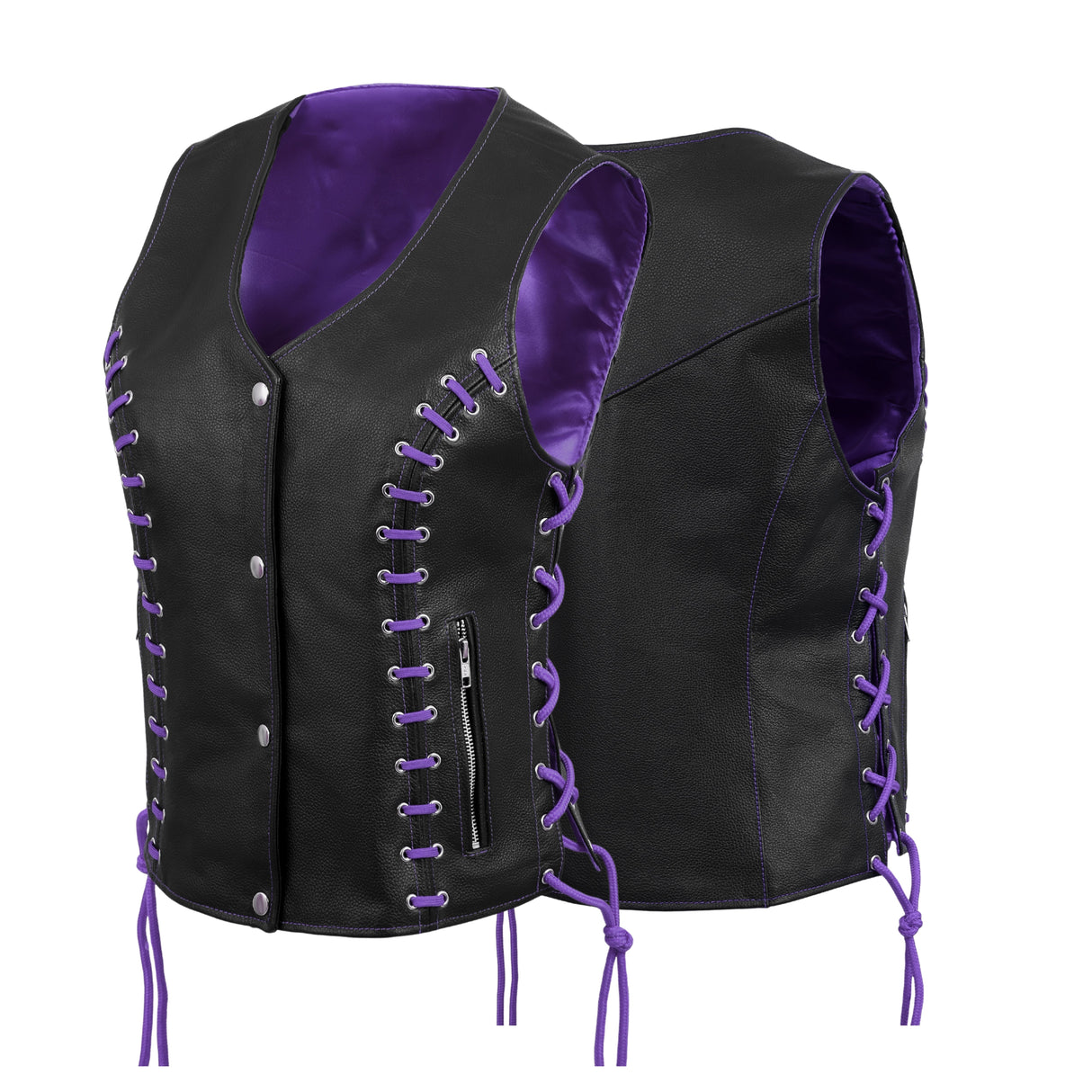 WOMEN SIDE LACE VEST M/O BUFFALO BLACK LEATHER WITH PURPLE THREAD AND EYELET