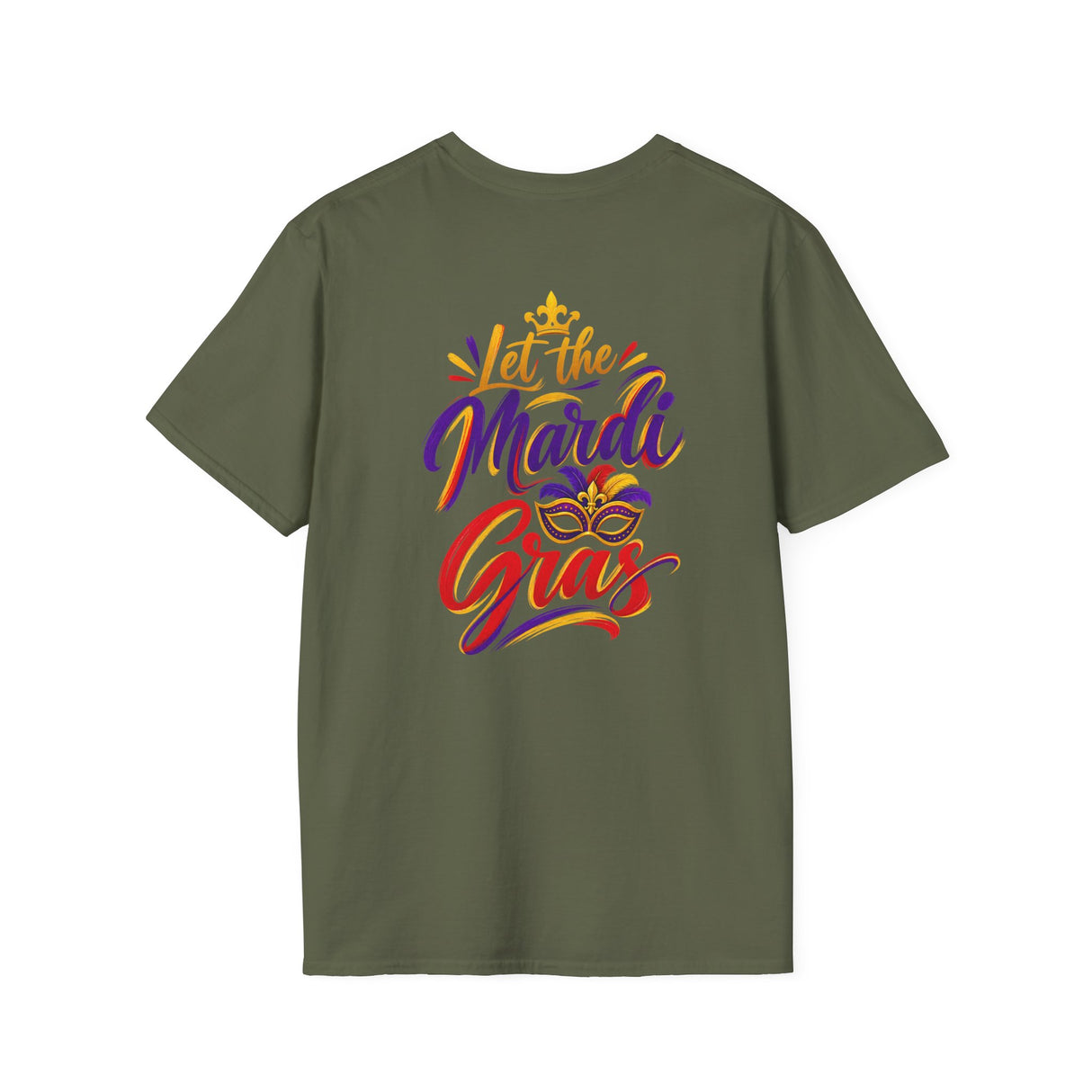 Military green T-shirt with colorful "Let the Mardi Gras" crest logo