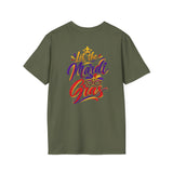 Military green T-shirt with colorful "Let the Mardi Gras" crest logo