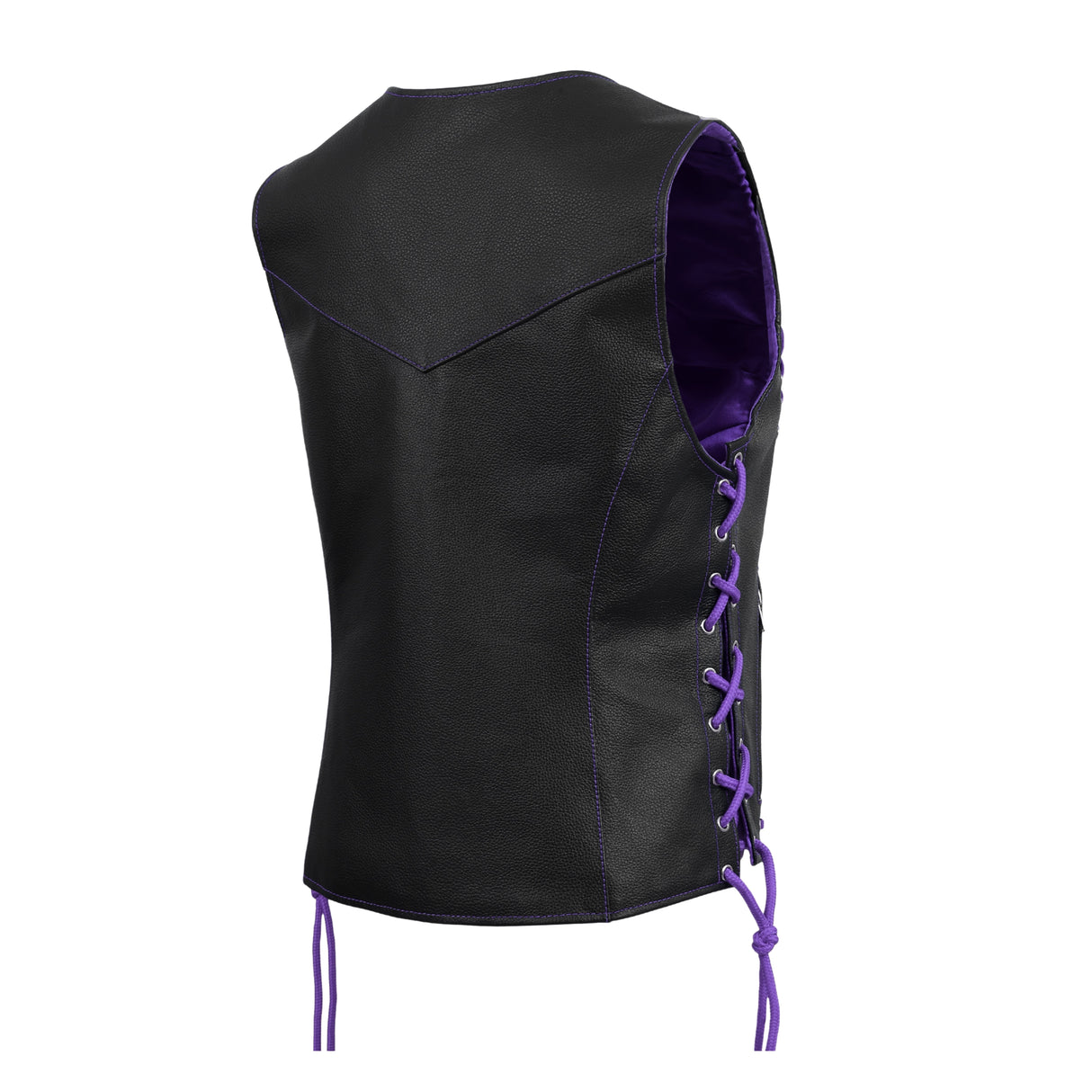 WOMEN SIDE LACE VEST M/O BUFFALO BLACK LEATHER WITH PURPLE THREAD AND EYELET