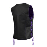 WOMEN SIDE LACE VEST M/O BUFFALO BLACK LEATHER WITH PURPLE THREAD AND EYELET