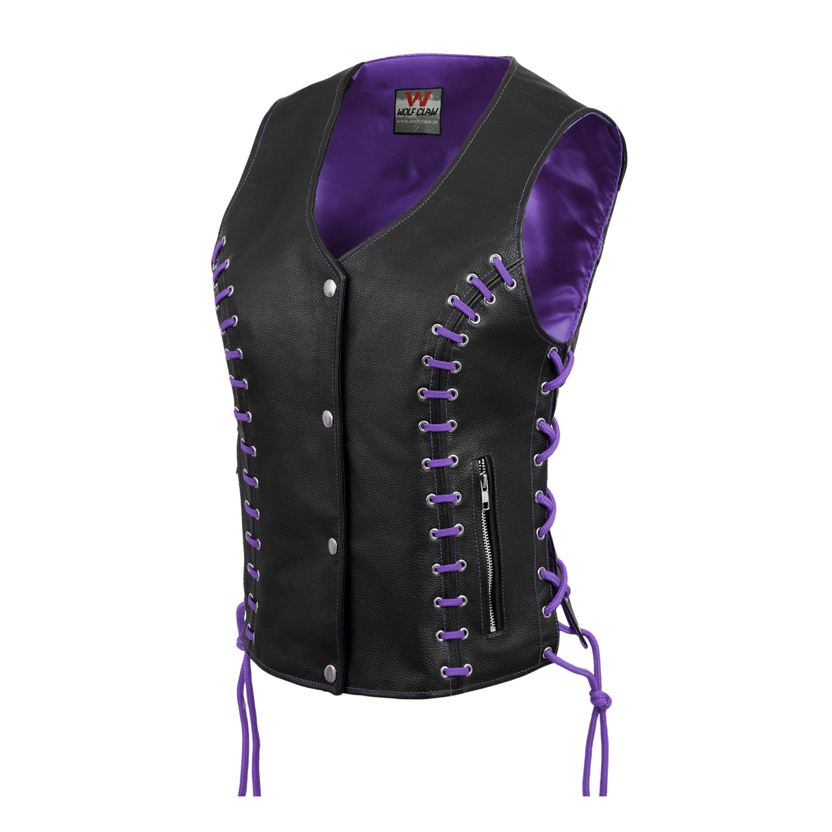 WOMEN SIDE LACE VEST M/O BUFFALO BLACK LEATHER WITH PURPLE THREAD AND EYELET