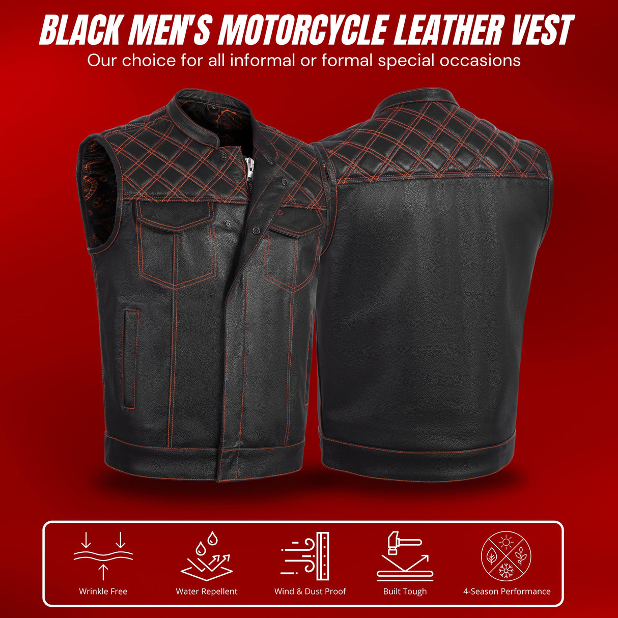Men's Orange Cross Stitch Club Leather Cow Platted Milled Leather Vest
