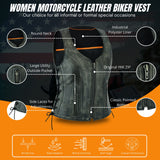 Women's Distressed Grey ‘Open Neck’ Motorcycle Side Laces Leather Vest