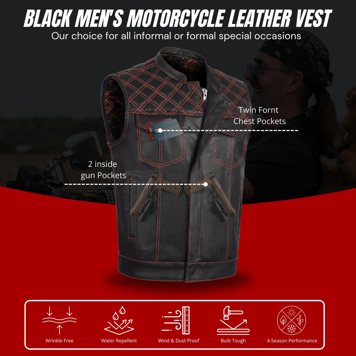 Men's Orange Cross Stitch Club Leather Cow Platted Milled Leather Vest